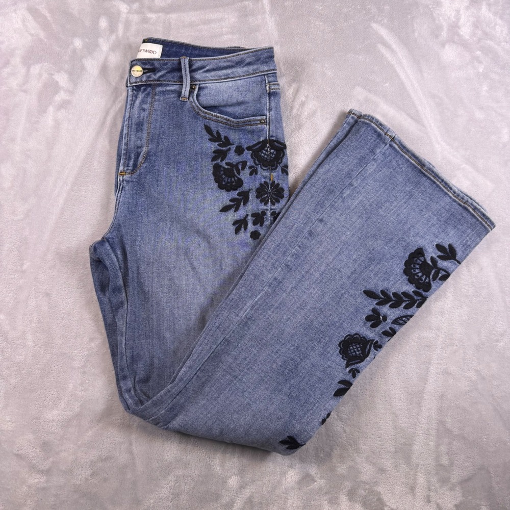 Driftwood Wyatt Embroidered Flare Jeans Blue Black Floral 29x31 High Rise Boho